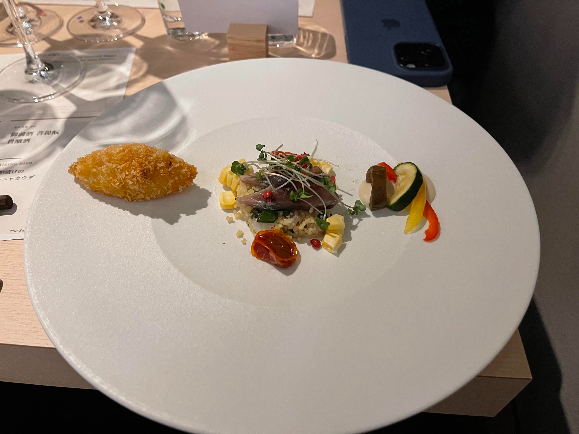 A plated course served during the Gozenshu masterclass pairing menu.